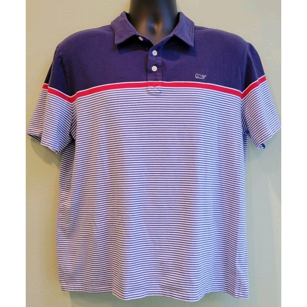 Vineyard Vines Men's Polo Shirt Navy White Red Stripe Short Sleeve Logo | Size L